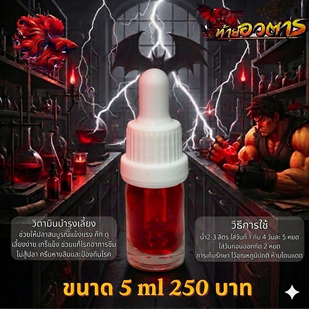 วิตามินคึกบำรุงเลี้ยงอวตาร (5 ml) ช่วยให้ปลาสมบูรณ์ เกร็ดแข็งสวย คึก ดุ เลี้ยงง่าย