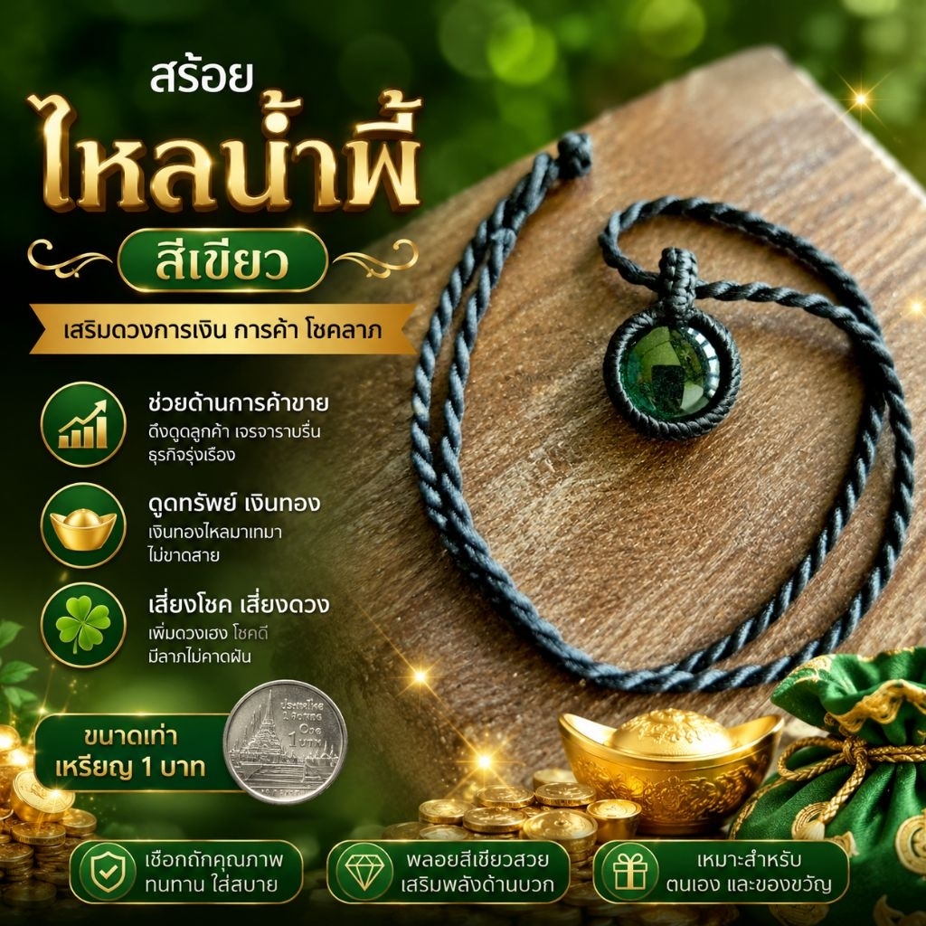 สร้อยไหลน้ำพี้สีเขียวเหนี่ยวทรัพย์นำโชคเเท้100%