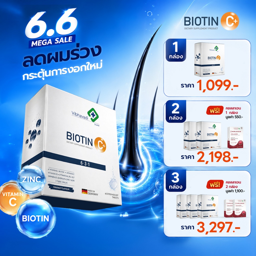 Vdesign Biotin C+ วิตามินลดผมร่วง เพิ่มผมหนา By Vibhavadi