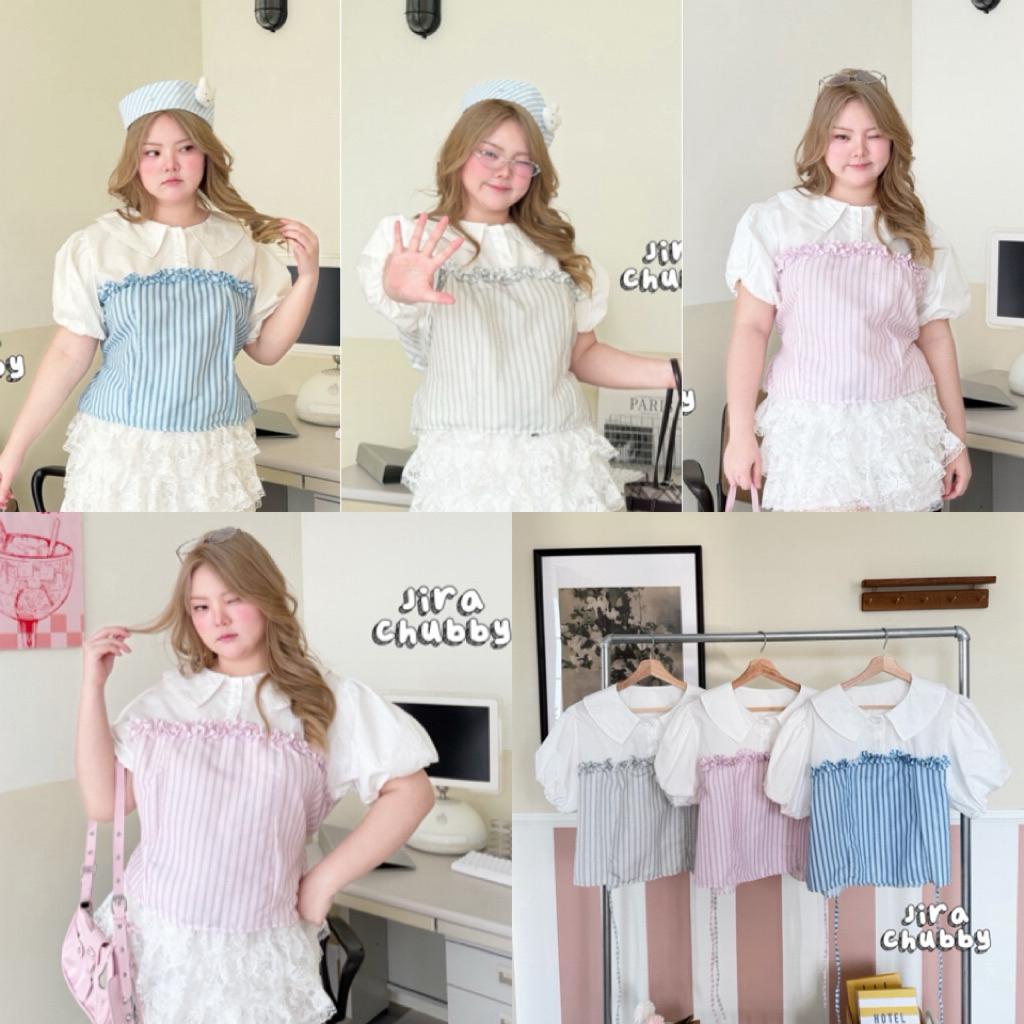 (🎀shopee video & liveมีส่วนลด+ส่งฟรี🎀) เสื้อลายริ้ว สีพาสเทลสุดน่ารัก แต่งแขนบอลลูนดูแบ๊วสุดๆ(38-48)