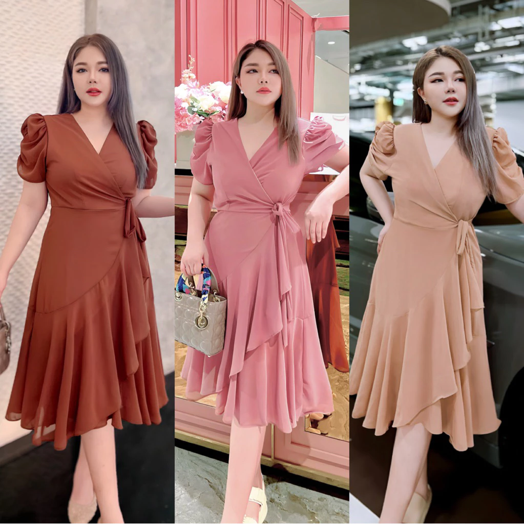 🔥Best Seller🔥ชุดออกงานเดรสสั้นกิโมโนผ้าชีฟองแขนเจ้าหญิงสีพื้น No.259 #Maisie Shop