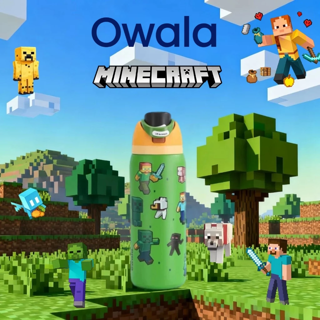 Owala FreeSip ลาย Minecraft ขวดน้ำขนาด 16oz/24oz/32oz กันหก ไม่มี BPA