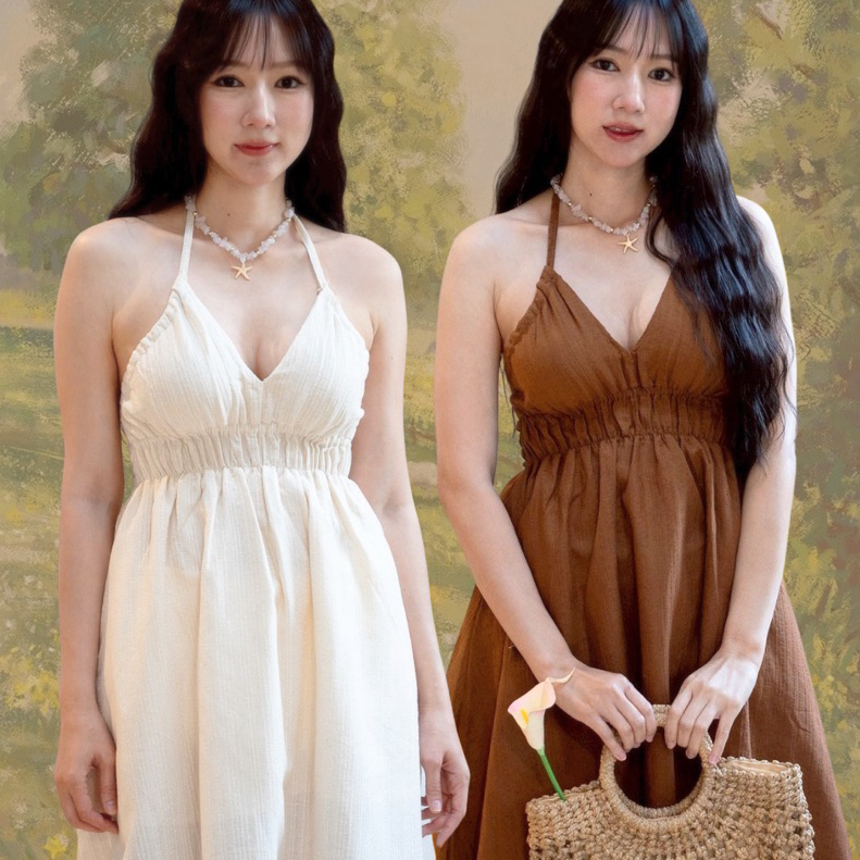 Minori.cnx | ชุดเดรสผูกคอ สีน้ำตาล-สีครีม (freesize) ผ้าสาลูนุ่มใส่สบายไม่ร้อน