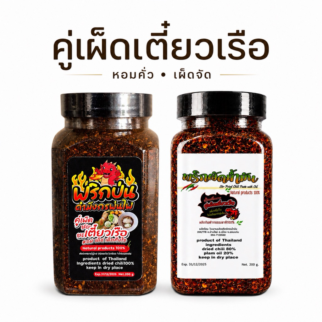 พริกผัดน้ำมัน + พริกป่นก๋วยเตี๋ยวเรือ พริกคั่วดำ เผ็ดหอม คั่วใหม่ ไม่ผสม แพ็คคู่ 400 กรัม (คู่ปุกผัดดำ)