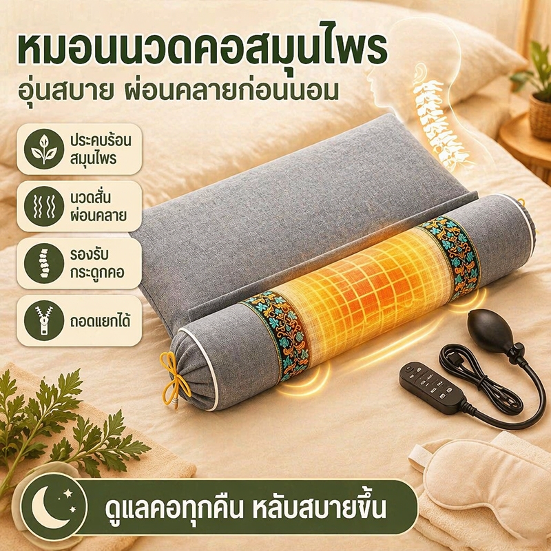 หมอนสมุนไพรอ้ายเฉ่าประคบร้อนไฟฟ้า มีจุดนวดคลายปวดคอ ระบายอากาศดี นุ่มสบายนอนหลับ