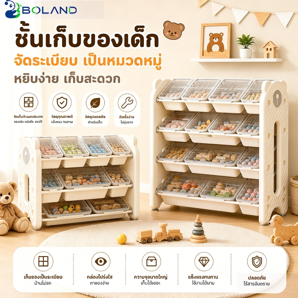 Boland ชั้นเก็บของเด็ก พร้อมชั้นวางหนังสือและของเล่น มีฝาปิดกันฝุ่น จัดเก็บเป็นระเบียบ แข็งแรงทนทาน