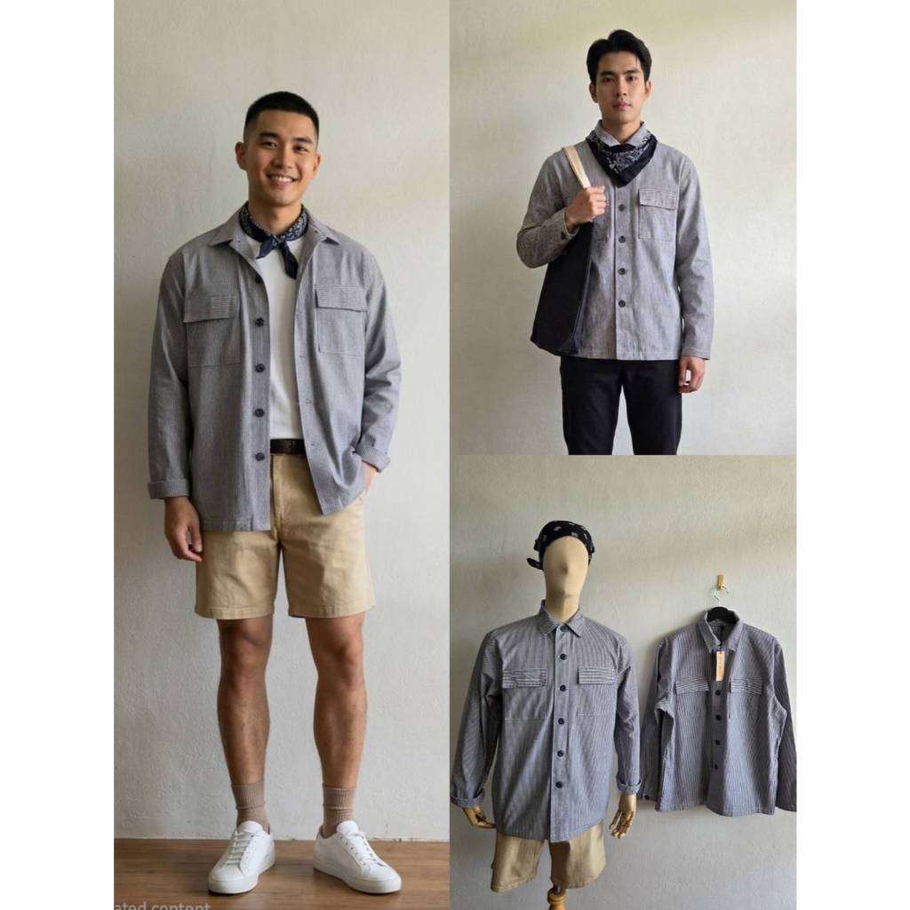 Prosaic Nippon Striped Jacket เสื้อแจ็คเก็ตลายริ้ว ทรงWorkwear เนื้อผ้าไม่หนา ฟรี! ผ้าเช็ดหน้าวินเทจ