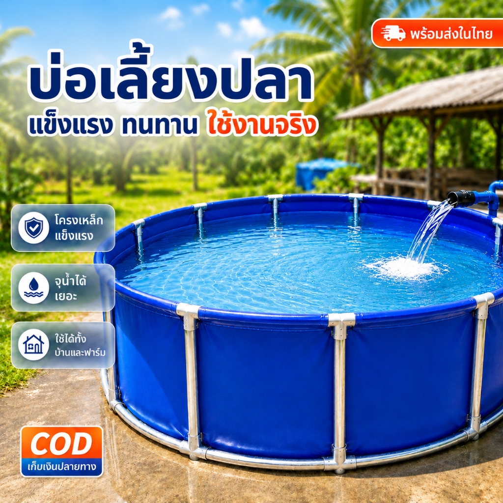 ใช้ได้ทั้งบ้านและฟาร์ม บ่อผ้าใบโครงเหล็กกัลวาไนซ์ บ่อเลี้ยงปลาแบบพับได้ แข็งแรง ทนทาน ขนาด 1.2-3M สูง 0.8/1M
