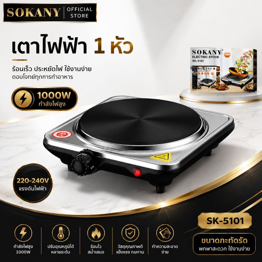 เตาไฟฟ้า1หัว sokany electric stove เตาแม่เหล็กไฟฟ้า อุปกรณ์ห้องครัว กำลังไฟ 1000W ปรับอุณหภูมิได้