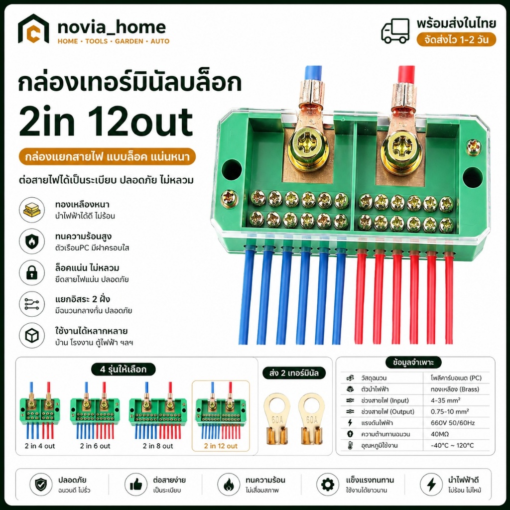 🔥ส่งจากกทม💥กล่องเทอร์มินัลบล็อก 2in12out กล่องแยกสายไฟ ตัวเชื่อมต่อสายไฟแบบล็อค แผงต่อสายไฟครัวเรือน