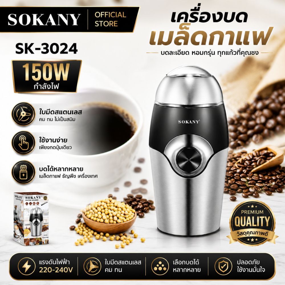 เครื่องบดเมล็ดกาแฟ เครื่องบดกาแฟ วัสดุสแตนเลส ใบมีด มอเตอร์ทรงพลัง เลือกบดได้หลายหลาย แรงบดสูง 150W