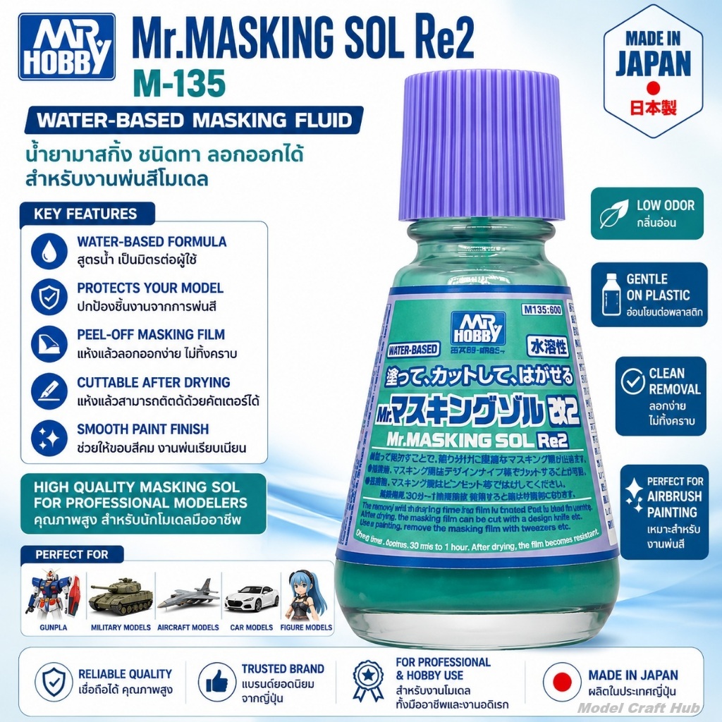 Mr Hobby M135 Mr Masking Sol Re2 20ml Liquid Masking Fluid น้ำยามาสกิ้ง กันสี สำหรับ Gunpla Aircraft Car Military Model