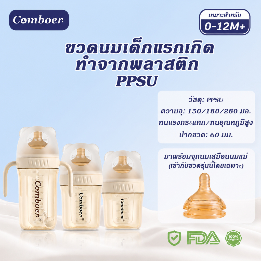 Comboer PPSU ขวดนมมีหูจับ วัสดุ เส้นผ่านศูนย์กลาง 60 มม. 150/180/280 มล. ปราศจาก BPA ปลอดภัยและไม่มีคุณภาพสูง