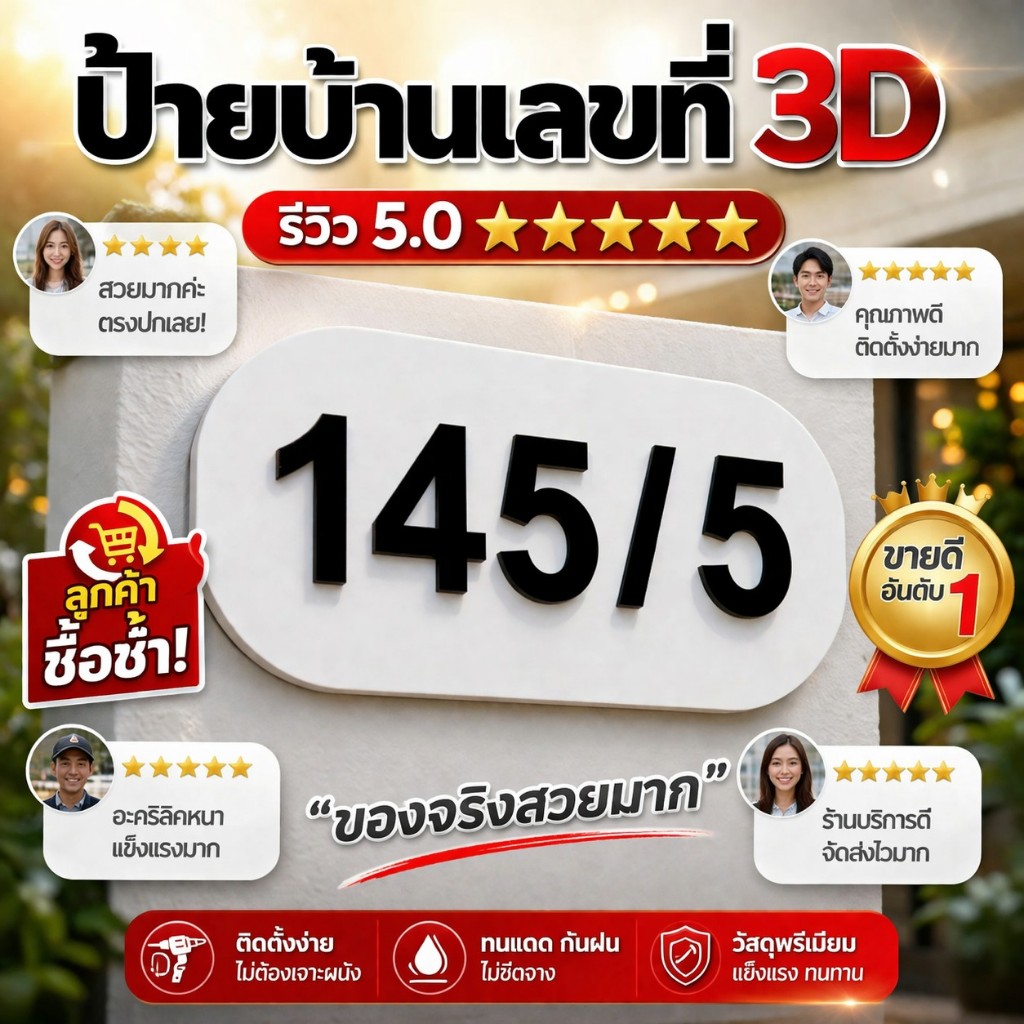 ป้ายบ้านเลขที่พาสวูด ป้ายเลขบ้าน 3D โมเดิร์น งานสั่งทำเฉพาะบ้าน ติดตั้งง่าย
