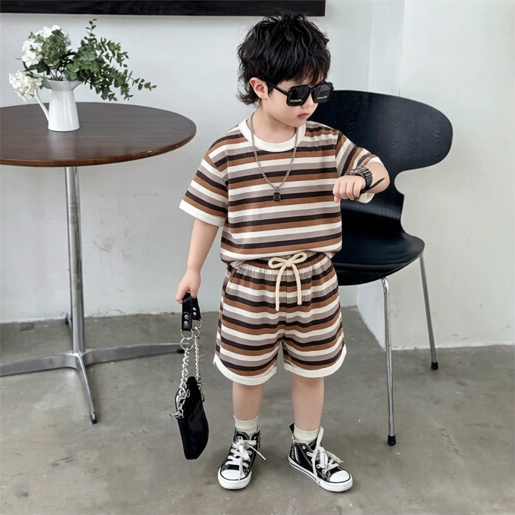 BEAR BABBY ชุดเสื้อคอกลมเด็กแขนสั้น ลายทาง สไตล์เรียบง่าย ใส่ทั้งได้เด็กชายและเด็กหญิง ไซส์80-140