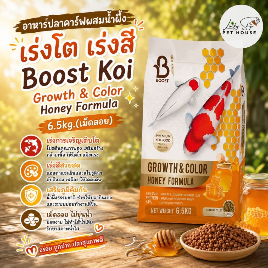 บูสท์โค่ย อาหารปลาคาร์ฟผสมน้ำผึ้ง เร่งโต เร่งสี 6.5kg.(เม็ดลอย) Boost Koi Growth & Color Honey Formula