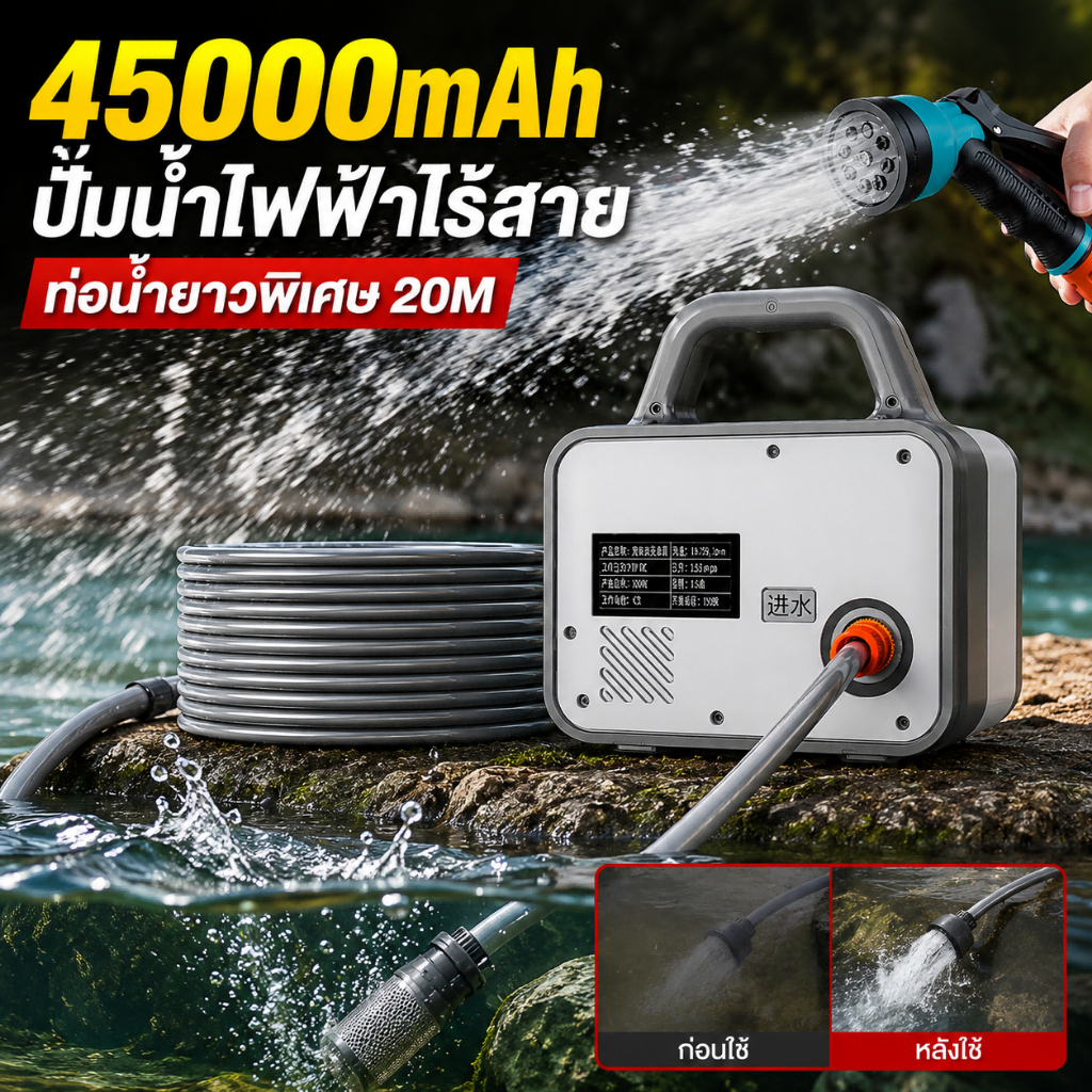 🔥ปั๊มน้ำไร้สาย 21V 45000mAh🔥 ปั๊มแช่ดูดน้ำอัตโนมัติ แบตเตอรี่ความจุสูง สูบน้ำเร็ว ใช้งานกลางแจ้ง-เกษตร-งานก่อสร้าง