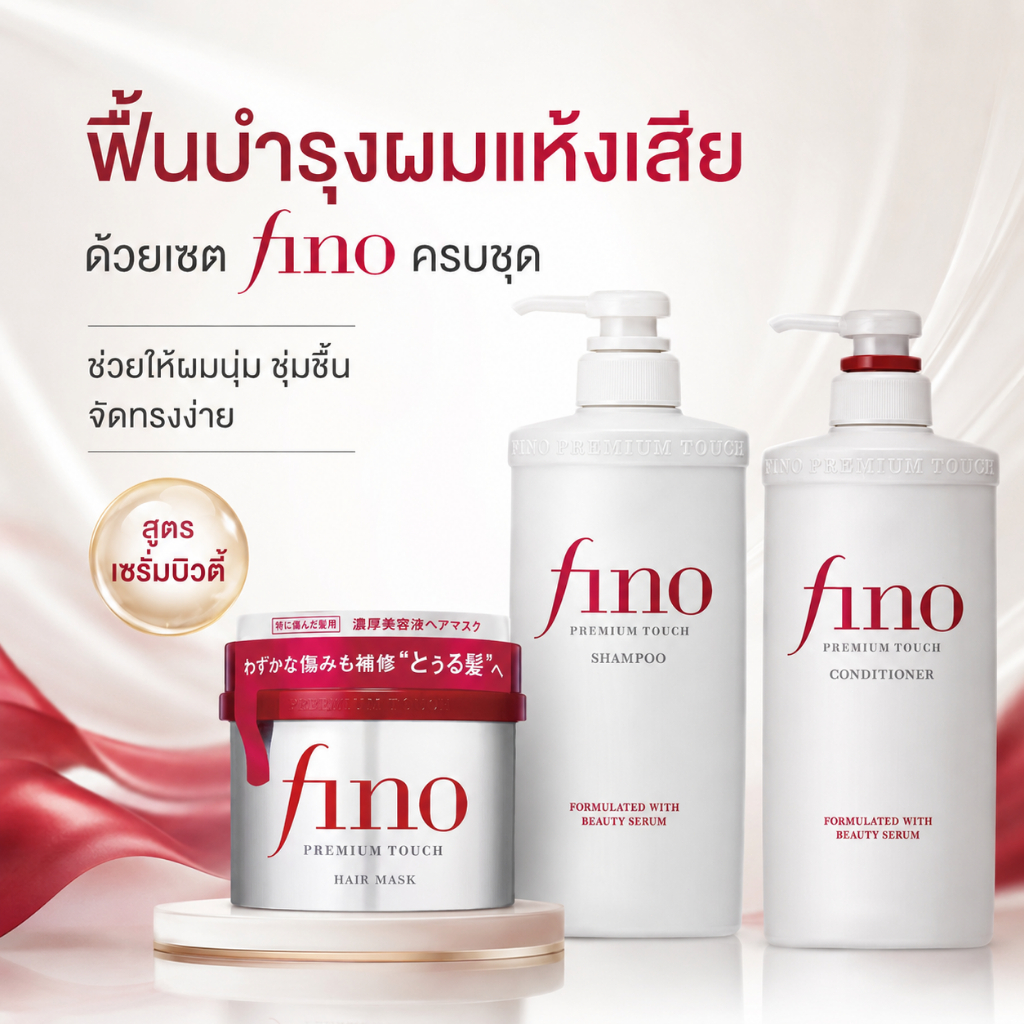 Fino Premium Touch แชมพู+คอนดชั่นเนอร์ 550ml สตรบิวตีเซรั่ม ฟื้ฟูผเสียจากสี/ดด/ยืด ให้มฉ่ำวาว นุ่นวล
