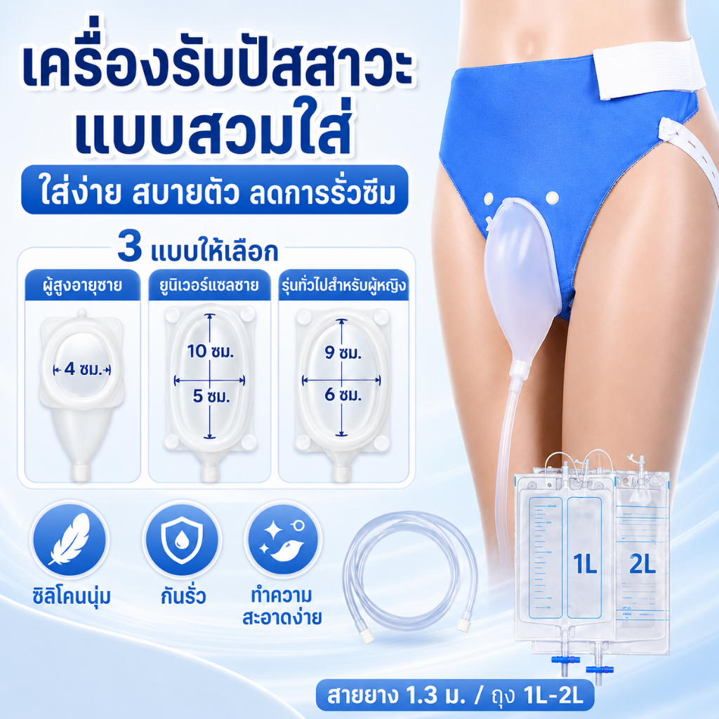 อุปกรณ์รับปัสสาวะ  ชาย หญิง  แทนผ้าอ้อมผู้ใหญ่  ที่เก็บปัสสาวะ ถุงปัสสาวะแบบสวมพร้อมท่อสายสวนฉี่ สวมใส่ง่าย รีไซเคิลได้