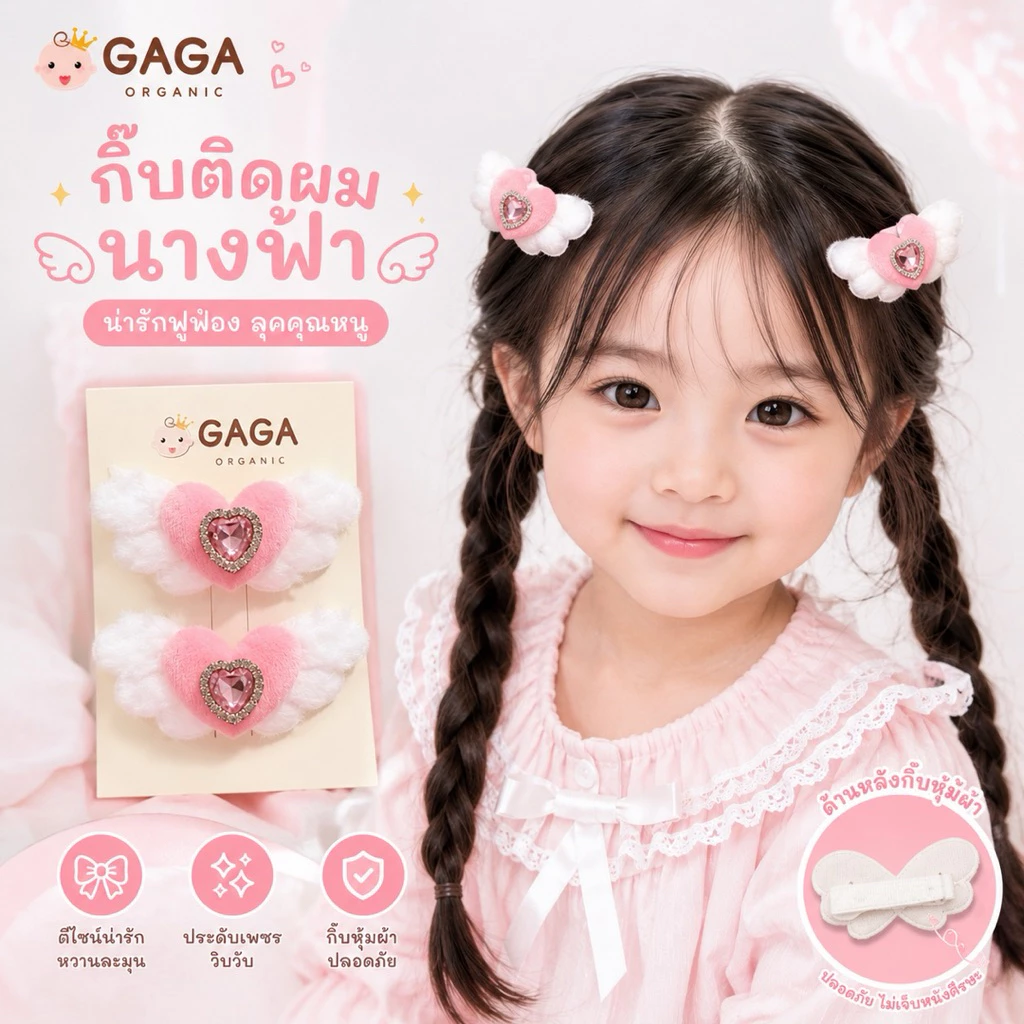 [2ชิ้น /แพ็ค] 𝗚𝗔𝗚𝗔 กิ๊บติดผมเด็ก 🧚Angels นางฟ้า 🩷 (กิ้บหุ้มผ้า)