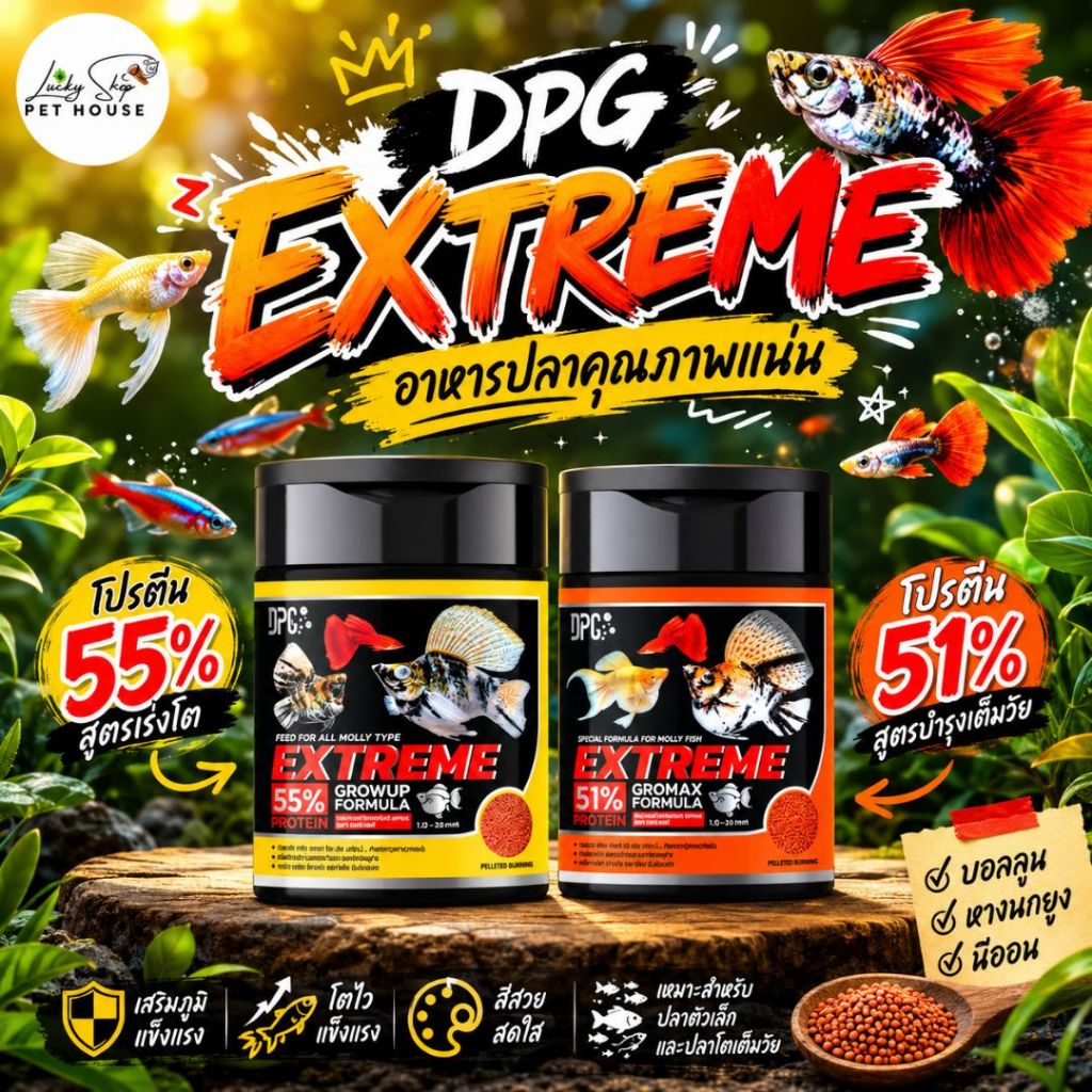 ดีพีจีเอ็กตรีม DPG EXTREME โปรตีน55% | โปรตีน51% อาหารปลาตัวเล็กและปลาโตเต็มวัย บอลลูน หางนกยูง นีออน
