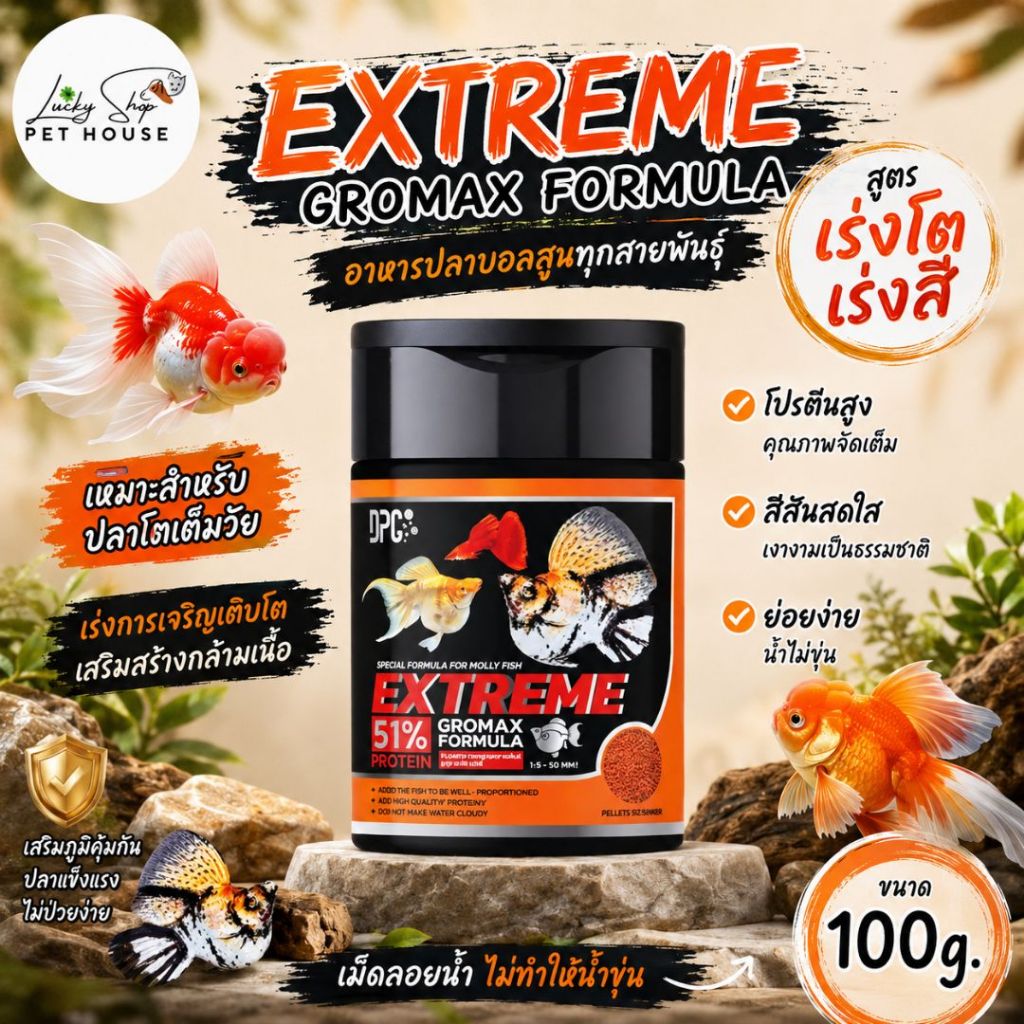 EXTREME GROMAX FORMULA สูตรเร่งโต เร่งสี อาหารปลาบอลลูนทุกสายพันธุ์ เหมาะสำหรับปลาโตเต็มวัย ดีพีจีเอ็กตรีม