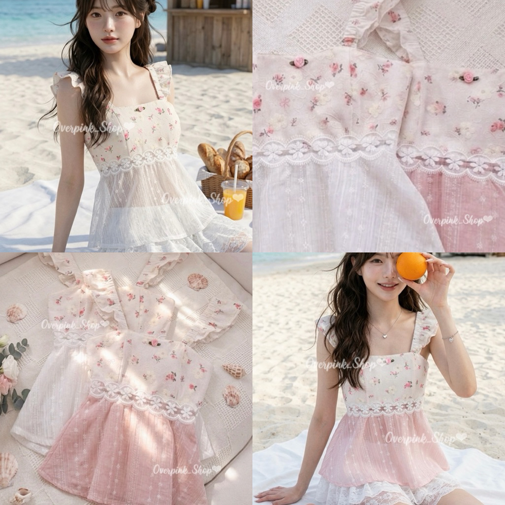 🌸OVP🌸 เสื้อกล้ามสายเดี่ยว แขนระบาย ผ้าโรซี่บางต่อ2ท่อน สม๊อคหลัง เสื้อสายเดี่ยวลายดอกไม้