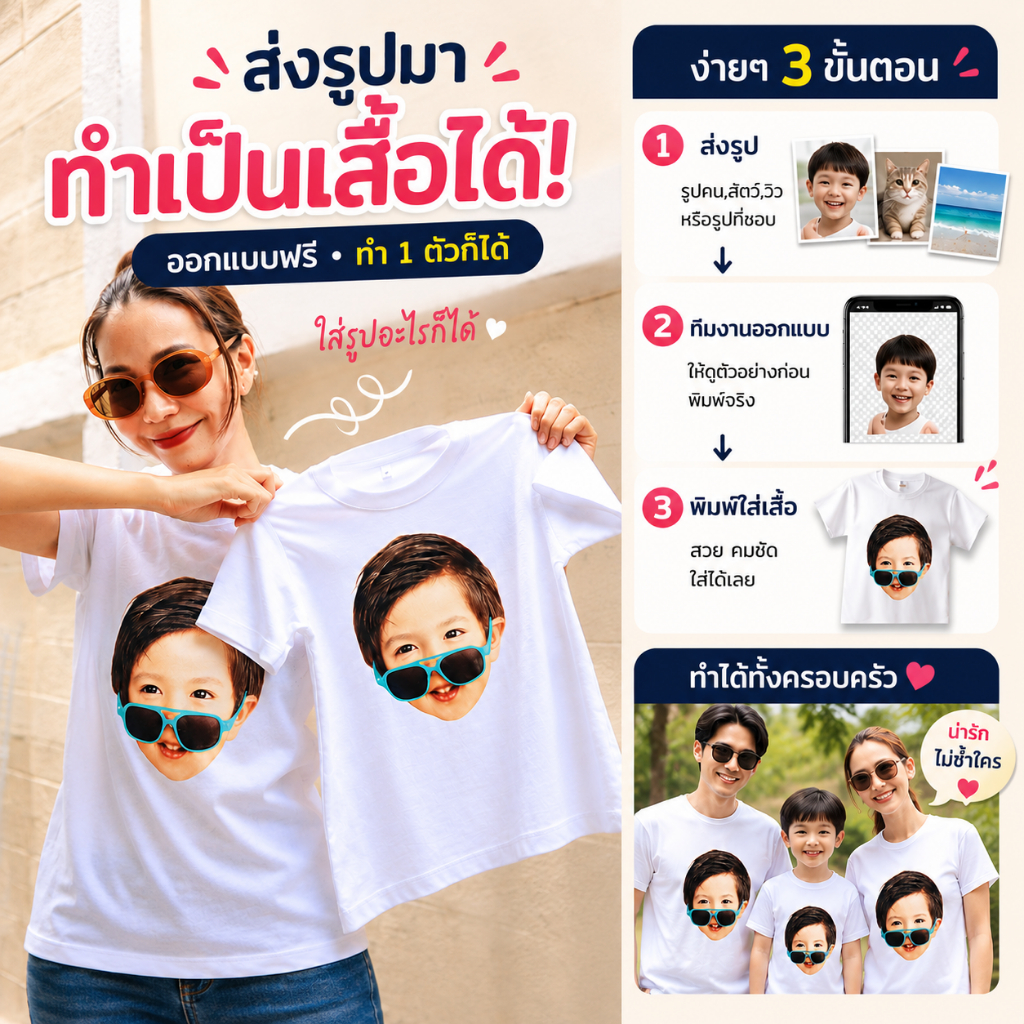 Bebeblue เสื้อครอบครัว สกรีนหน้า ลูก  คนรัก สัตว์เลี้ยง สกรีนตามแบบ ออกแบบฟรี ผ้าคอตตอนเนื้อนุ่ม ส่งไว