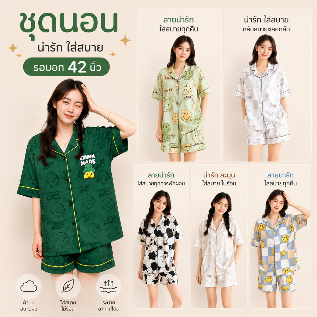 G555-2★ส่งจากไทย★ ชุดนอนผ้าคอตตอน ลายใหม่ ชุดนอนผู้ใหญ่แขนสั้นขาสั้น ชุดนอนผ้าคอตตอน/ผ้าฝ้าย ชุดนอนลายน่ารัก