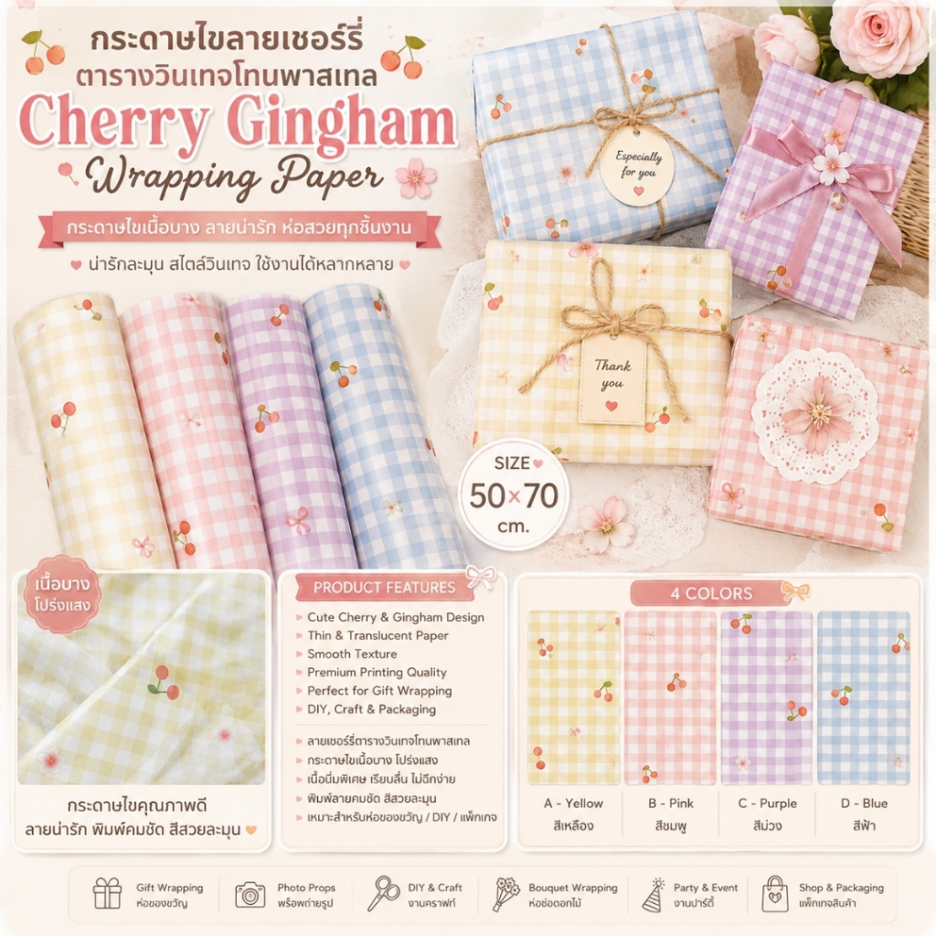 กระดาษไขเนื้อบางลายเชอร์รี่ตารางวินเทจโทนพาสเทลCherry Picnic Tissue Paper | Cherry Gingham Wrapping Paper