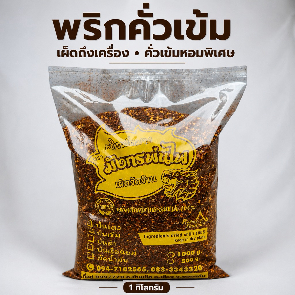 พริกป่นคั่วเตาฟืน หอม เผ็ด เข้ม พริกล้วน 100% ขนาด 1 KG.(เข้มโล)