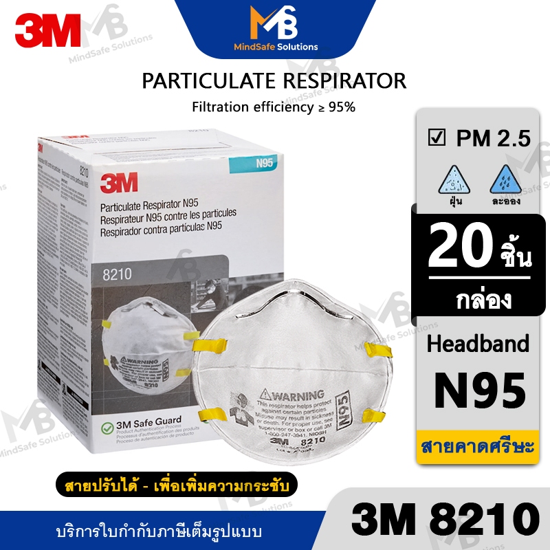 3M 8210 (กล่อง 20 ชิ้น) สายรัดศรีษะ หน้ากากกรองอนุภาค ป้องกันฝุ่น ละออง N95 แบบถ้วย