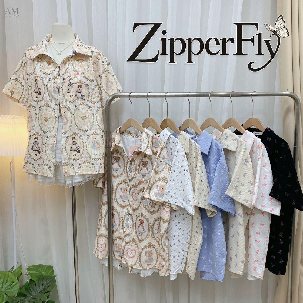 A.M CLUB [เอเอ็ม คลับ] Zipperfly เสื้อเชิ้ตซิปหน้ารูปผีเสื้อ เชิ้ตแขนสั้นผ้าลูกฟูกโอเวอร์ไซส์ซิปหน้ากระดุมหลัง