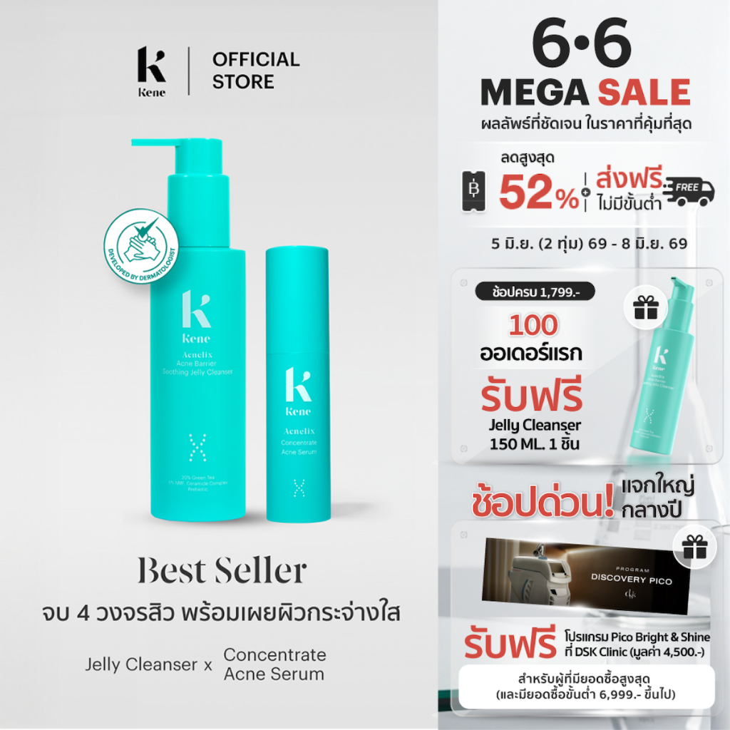 [เซต2ชิ้น][ขายดี] KENE Best Seller Acnelix Series Concentrate Serum เซรั่มลดสิว + Jelly Cleanser เจล