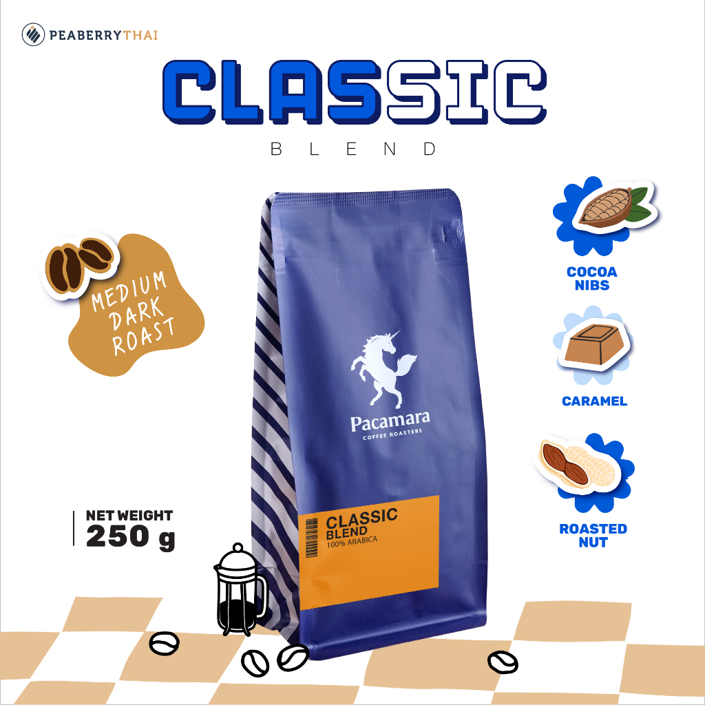 Pacamara Classic Blend 250g เมล็ดกาแฟไทย+ต่างประเทศ อาราบิก้า 100% คั่วกลางเข้ม ขนาดบรรจุ 250 กรัม