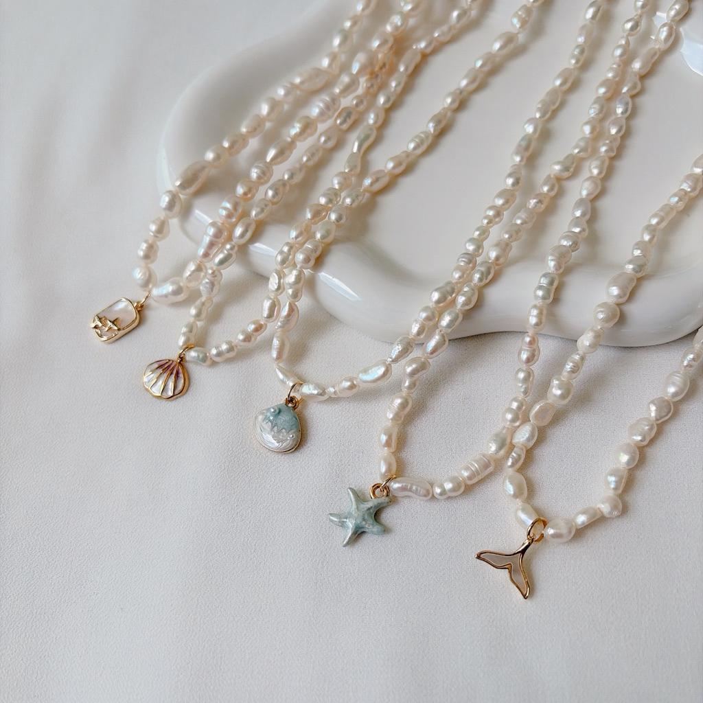 สร้อยคอไข่มุกแท้ มุกเคชิ จี้รูปหอย Shell ไข่มุกน้ำจืดทรงธรรมชาติ Keshi Teardrop Natural Pearl | Tinypearlxoxo N1007