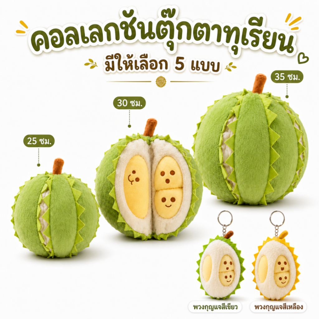 หมอนกอดทุเรียนกตัญญู ตุ๊กตาผ้าขน รูปผลไม้จำลอง ดึงแยกและถอดเนื้อทุเรียนได้ มีขนาด 25/30/35 ซม. และพวงกุญแจทุเรียน เหมาะส