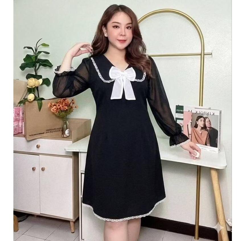 เดรสสาวอวบ ผ้ายืดวูลเวฟลายจุดคอวี แต่งปก ชายผ้าชีฟองสีขา วอกก่อนยืด 42“(ยืดได้ 44-46")เอว 38-44+สะโพก 50“+ความยาว39.5”