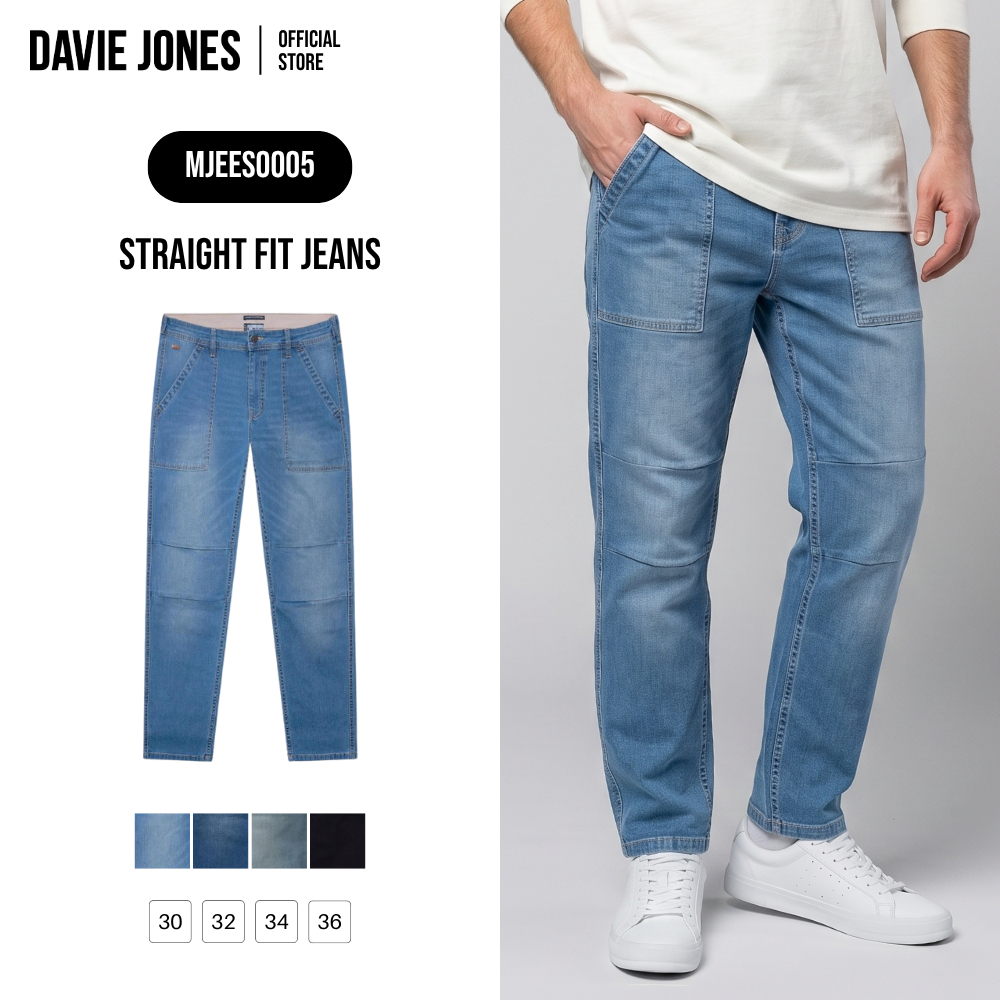 DAVIE JONES [BE FEARLESS] กางเกงยีนส์ผู้ชาย Straight Fit Jeans สีน้ำเงินฟอก กรมฟอก ฟ้า ดำ ES0005