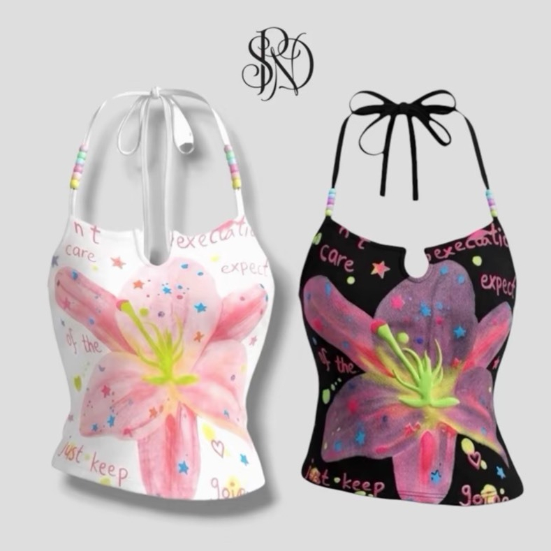 SPND【พร้อมส่ง】เสื้อสายคล้องคอกราฟิก ลายดอกไม้สีสด โชว์หลัง รุ่น Bloom Color สไตล์เกาหลี มี2สี (949)