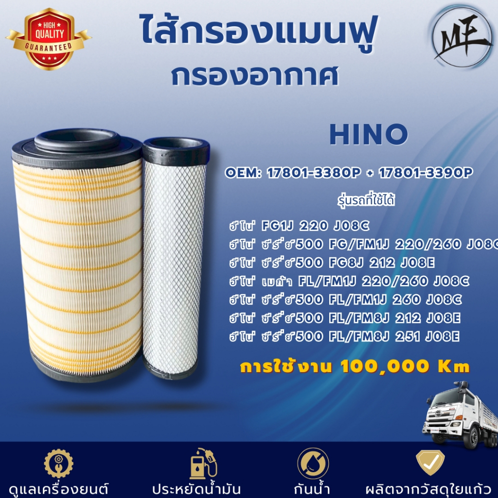 ไส้กรองแมนฟู 100,000 กม. กรองอากาศใยแก้ว ฮีโน่ เมก้า JO8C 17801-3380P  17801-3390P