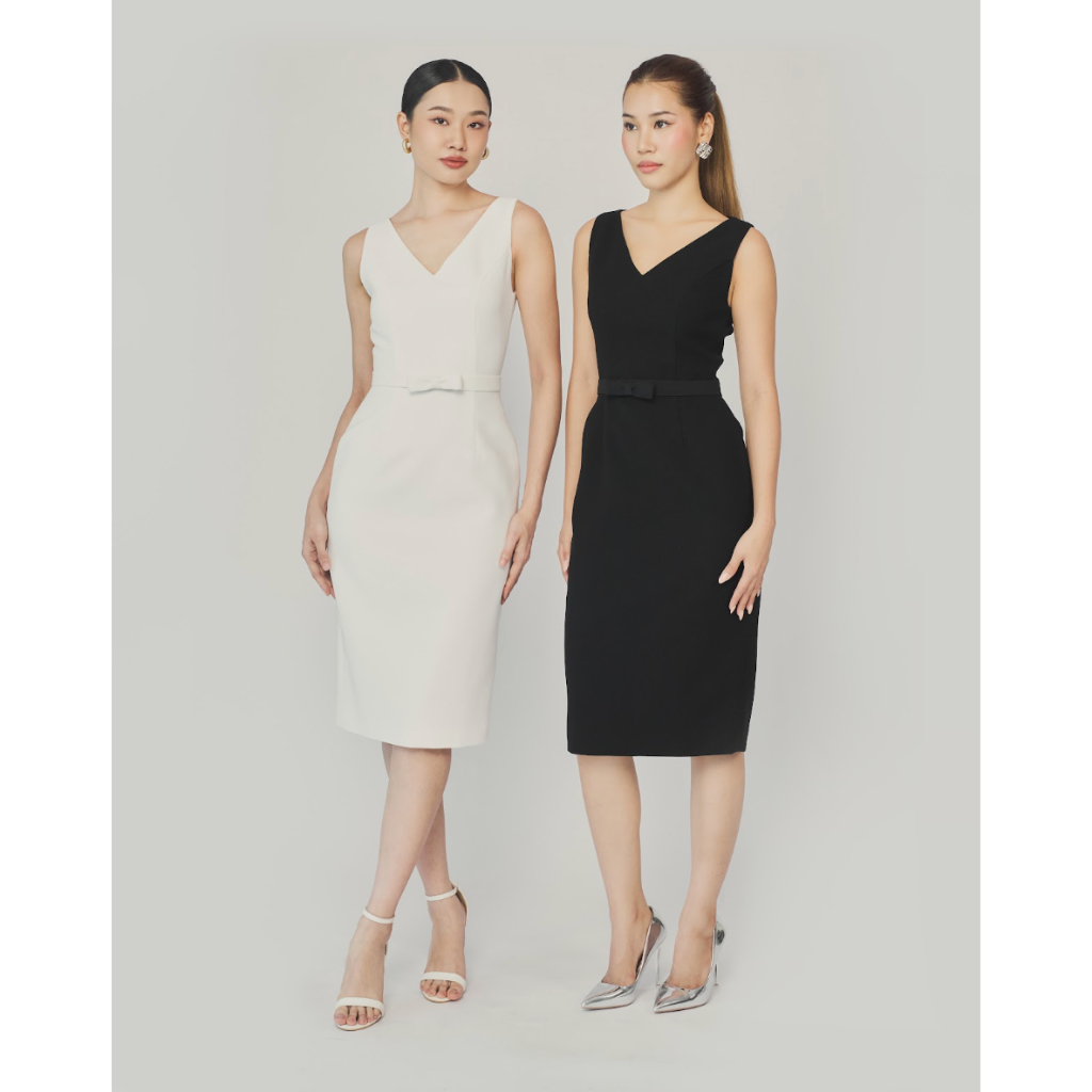 ORCHIDA - V-Neck Midi Dress with Bow Belt