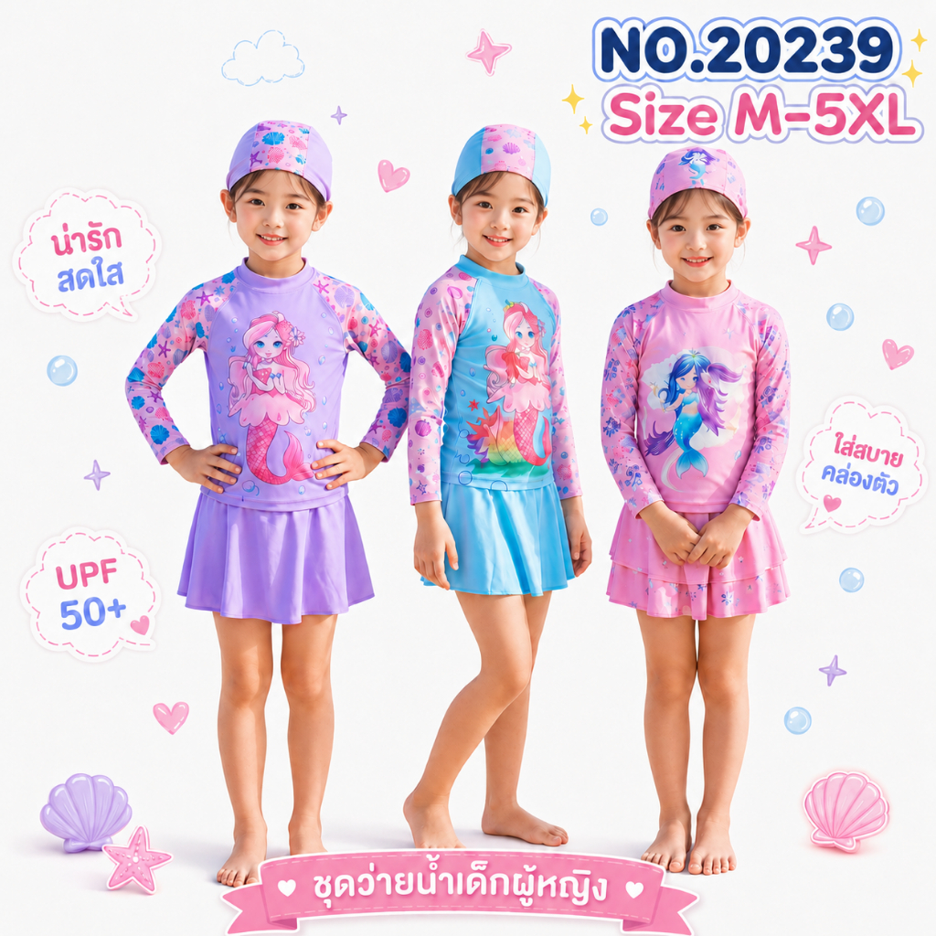 20239 🌞🌴💦พร้อมส่ง Summer Story ชุดว่ายน้ำเด็กกระโปรง สีพาสเทลสุดสวย น่ารักที่สุด ชุดพร้อมหมวก กันยูวี UPF50+