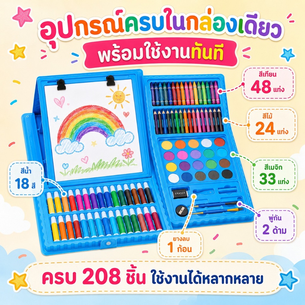 KiKi ชุดระบายสีเด็ก 208 ชิ้น กล่องศิลปะพกพา รูปที่ 5