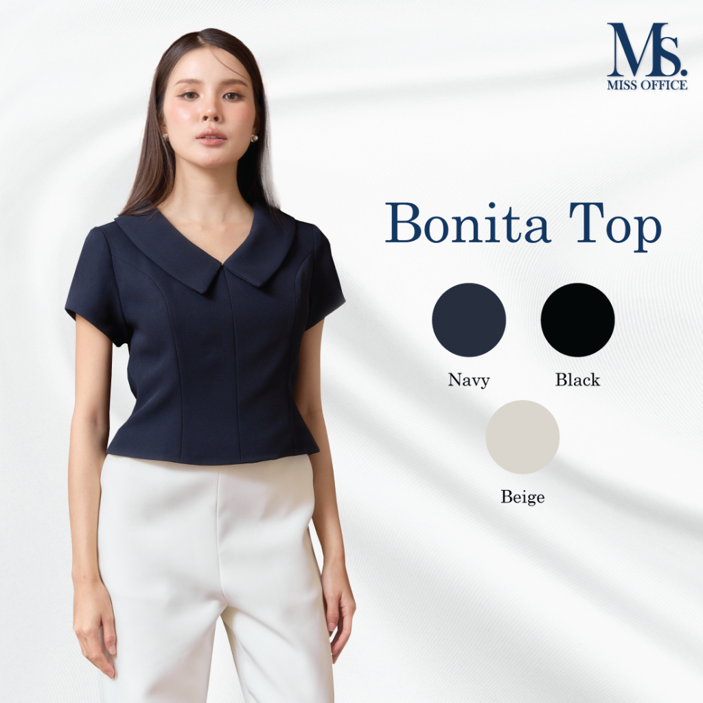 Miss office เสื้อครอปคอวีแต่งปกแขนสั้น (Bonita Top) (MT-484)