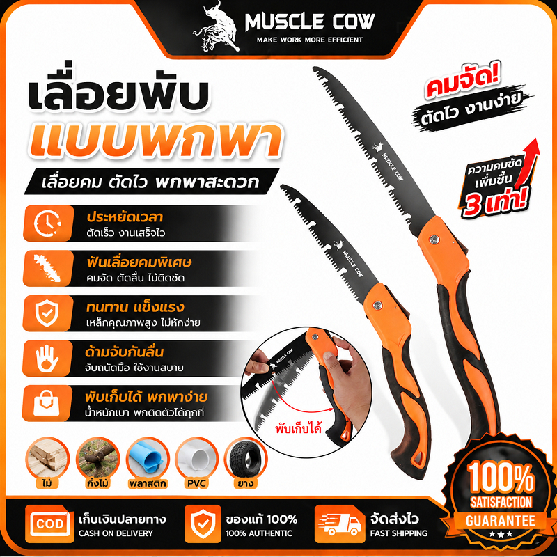 MUSCLE COW เลื่อยพับแบบพกพา คมชัดตัดเร็ว 3 เท่า ทนทานยาวนาน พกพาสะดวก ใช้งานตัดไม้และสวน