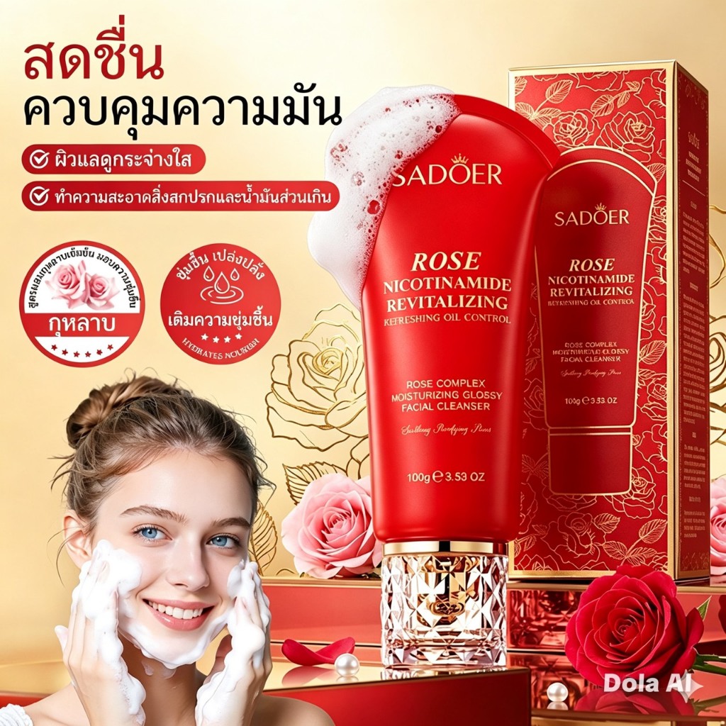 โฟมล้างหน้า SADOER สูตร Rose Nicotinamide ช่วยทำความสะอาดผิวและควบคุมความมัน ขนาด 100 กรัม