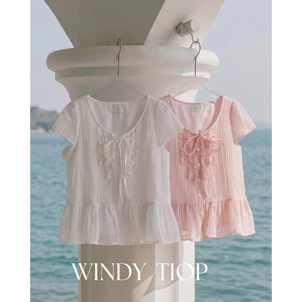 Wendy Top เสื้อแขนสั้นแต่งริ้ว ผูกโบว์ ด้านหน้าสไตล์เกาหลี Miladi