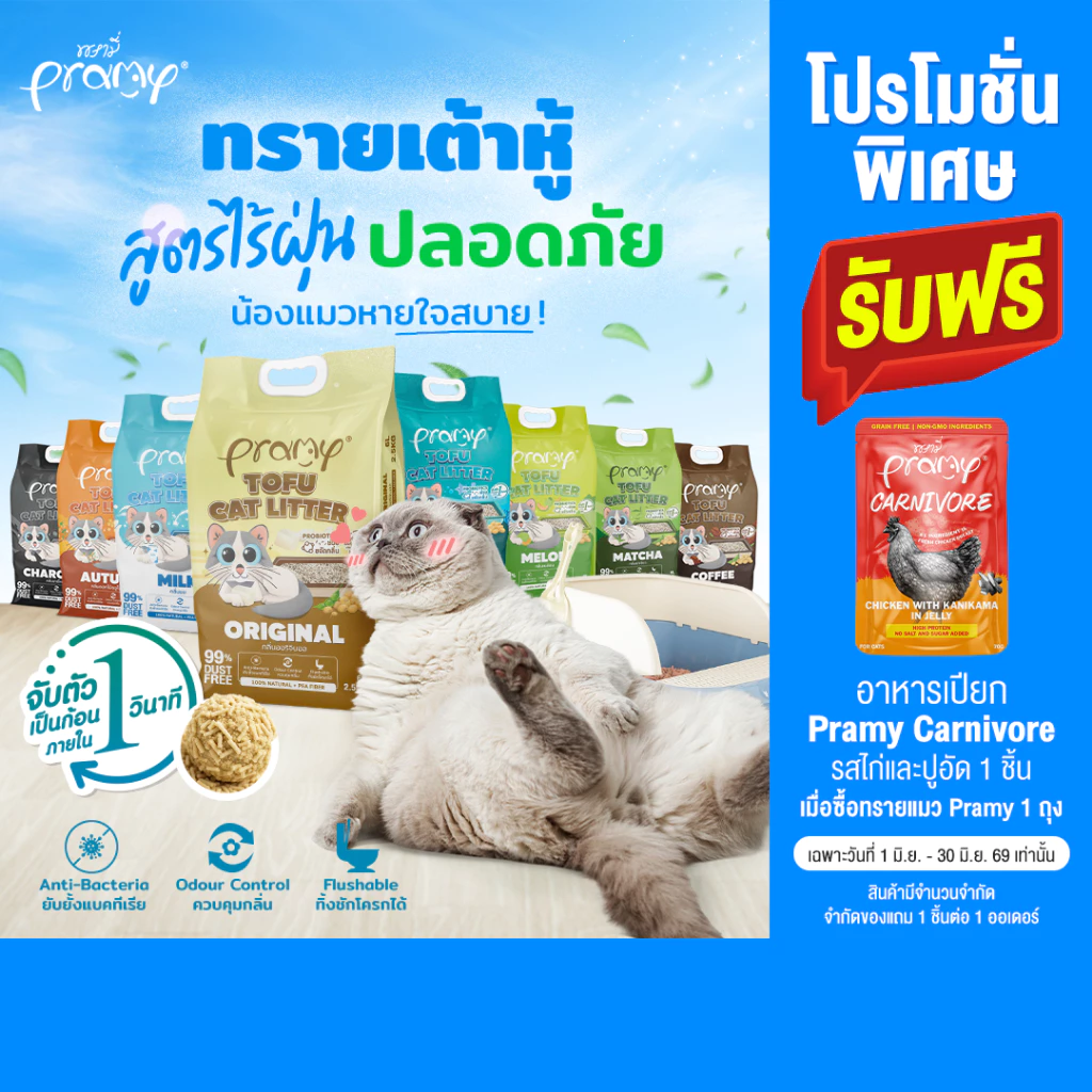 Pramy ทรายแมวเต้าหู้ ไร้ฝุ่น จับตัวเร็ว จากใยถั่วเหลือง