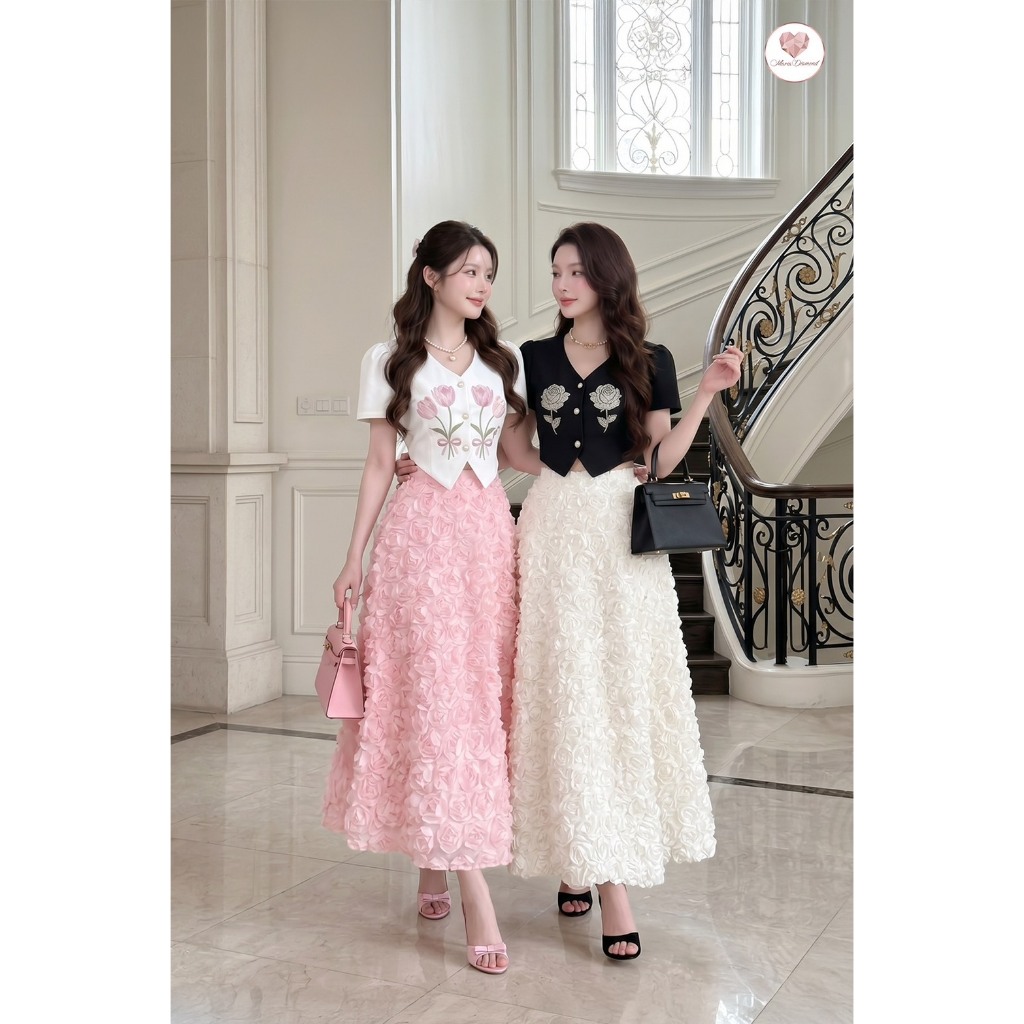 (มี3XL) มี 2 สี ชมพู/ดำ Creo Couple Set เซ็ต 2 ชิ้นเสื้อกัํกแขนสั้นงานปักกระดุมหน้า + กระโปรง 3D กุหลายสีขาวมุก มีซับใน
